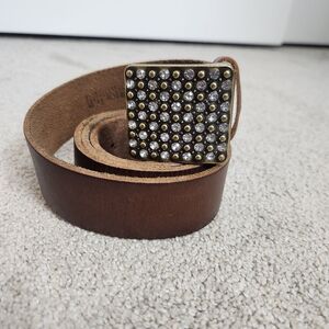 Brown Leather Belt Rhinestone Belt Buckle Size Medium